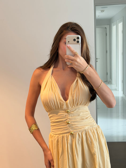 Sarı gold düğmeli gipeli elbise