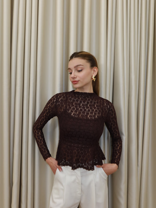Astarlı Kahverengi Dantel Bluz