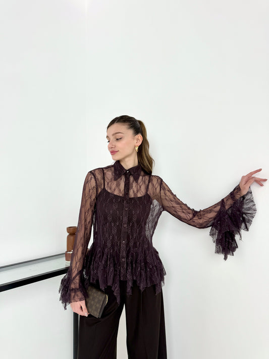 Kahverengi dantel bluz gömlek yaka