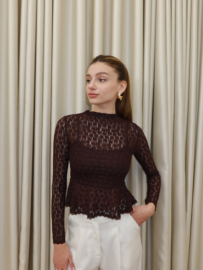 Astarlı Kahverengi Dantel Bluz