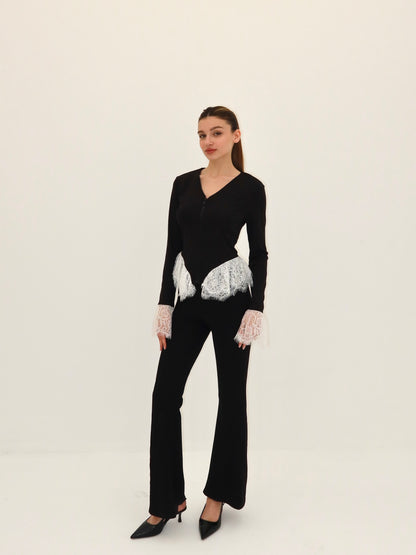 Dantel ispanyol kol fermuarlı bluz