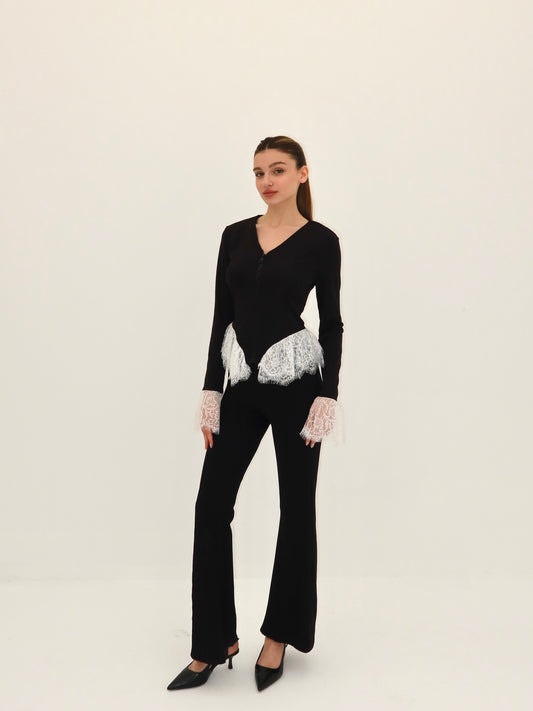 Dantel ispanyol kol fermuarlı bluz