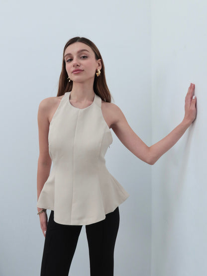 Krem boyundan bağlamalı bluz