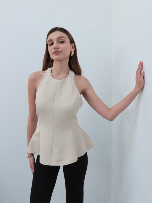 Krem boyundan bağlamalı bluz