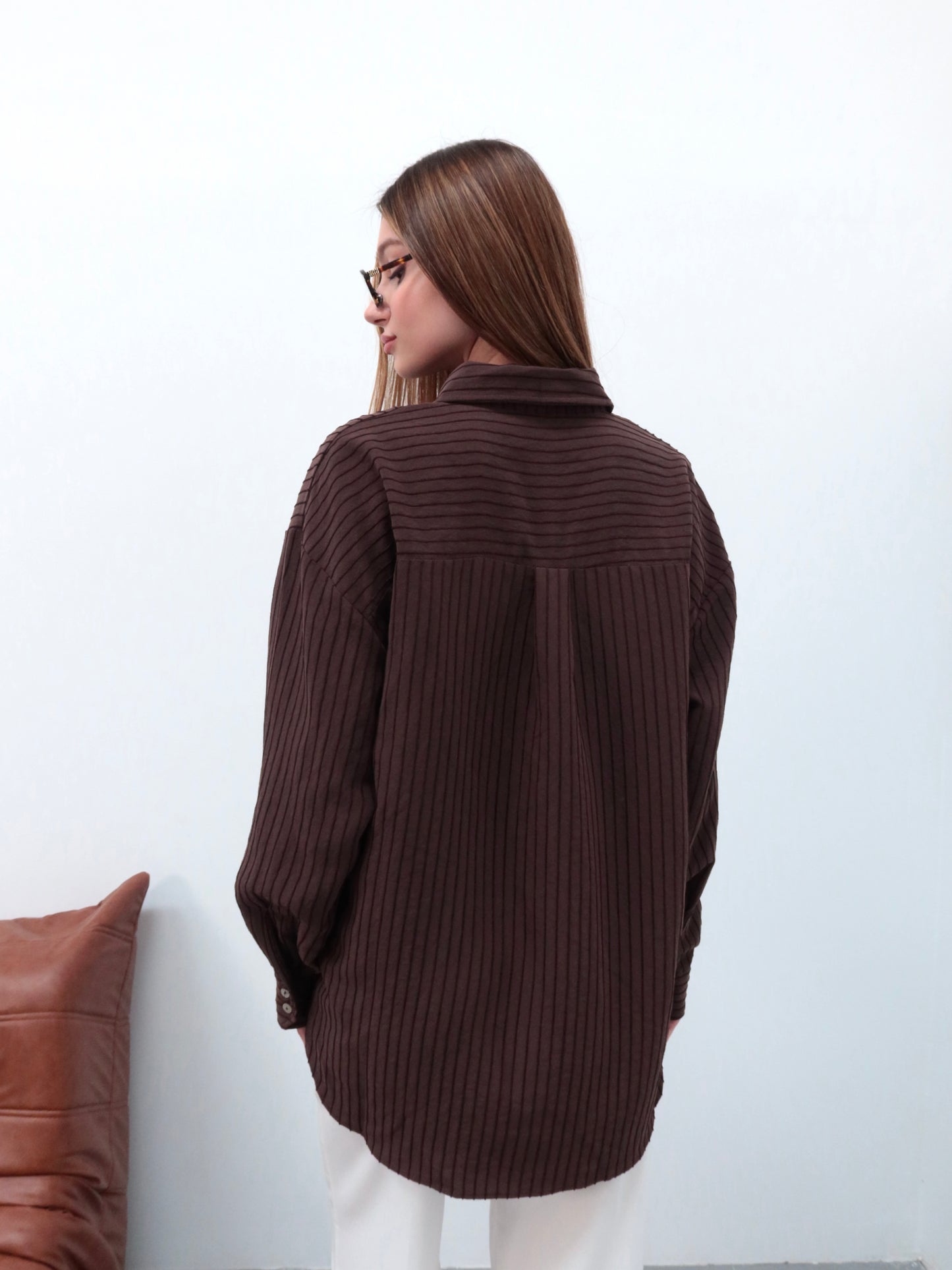 Kahverengi premium çizgili gömlek