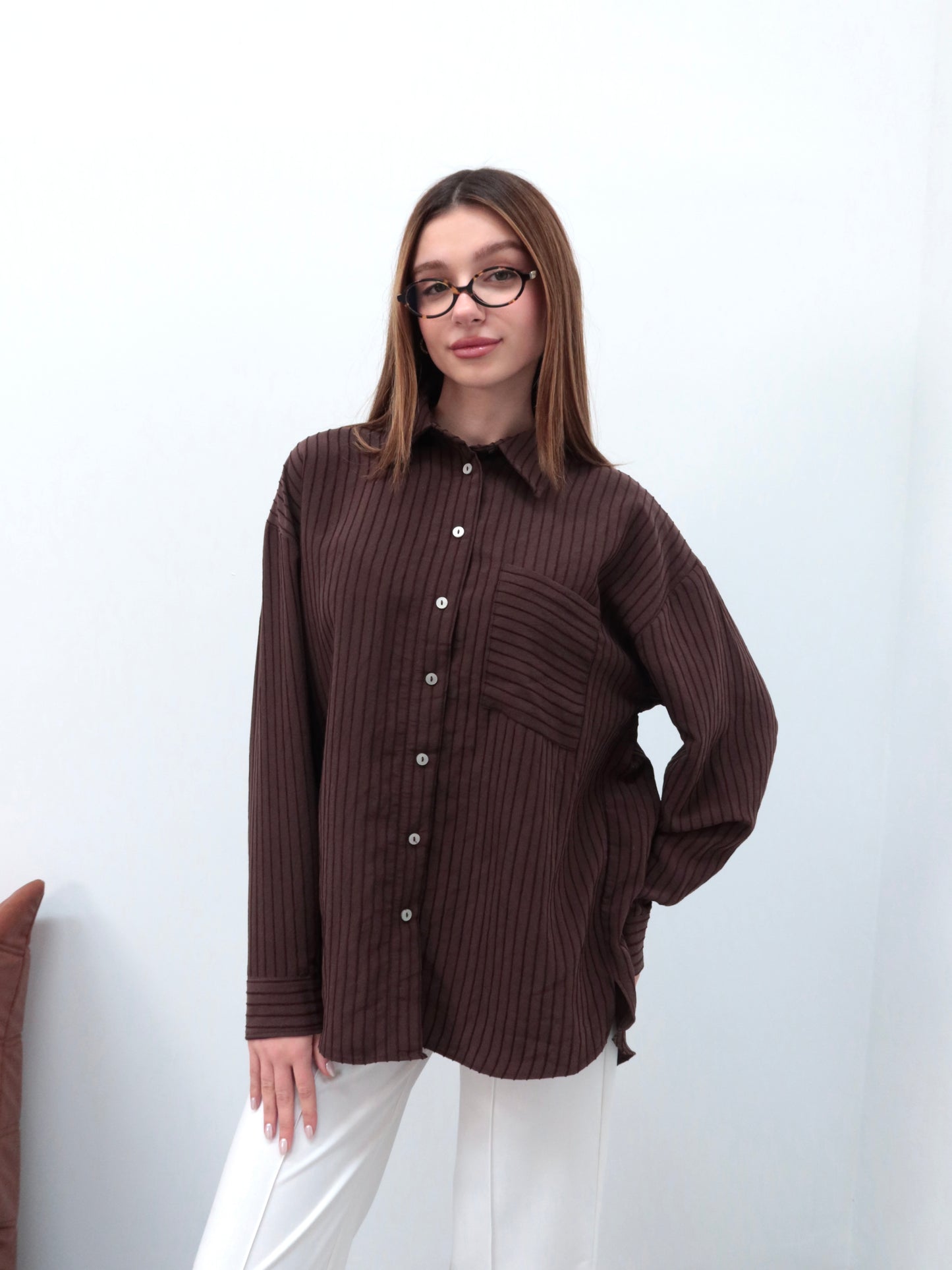 Kahverengi premium çizgili gömlek