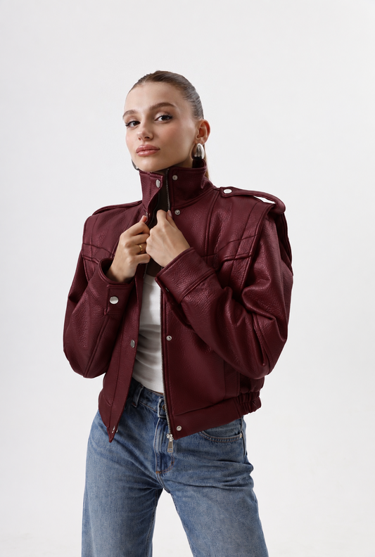 Bordo dikiş detaylı deri ceket