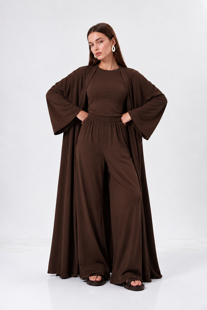 Kahverengi 3 parça kimono takım