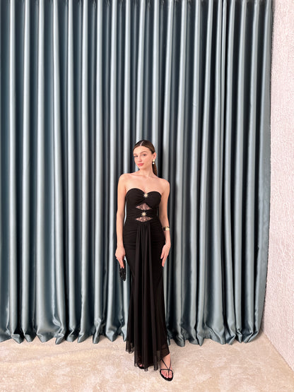 Siyah gold düğmeli elbise