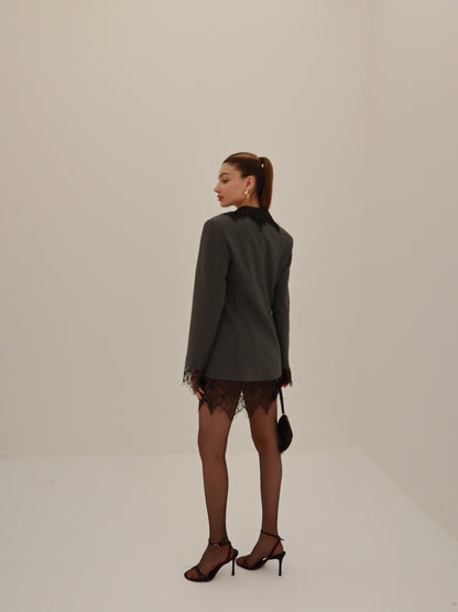 Dantel detaylı gri ceket elbise