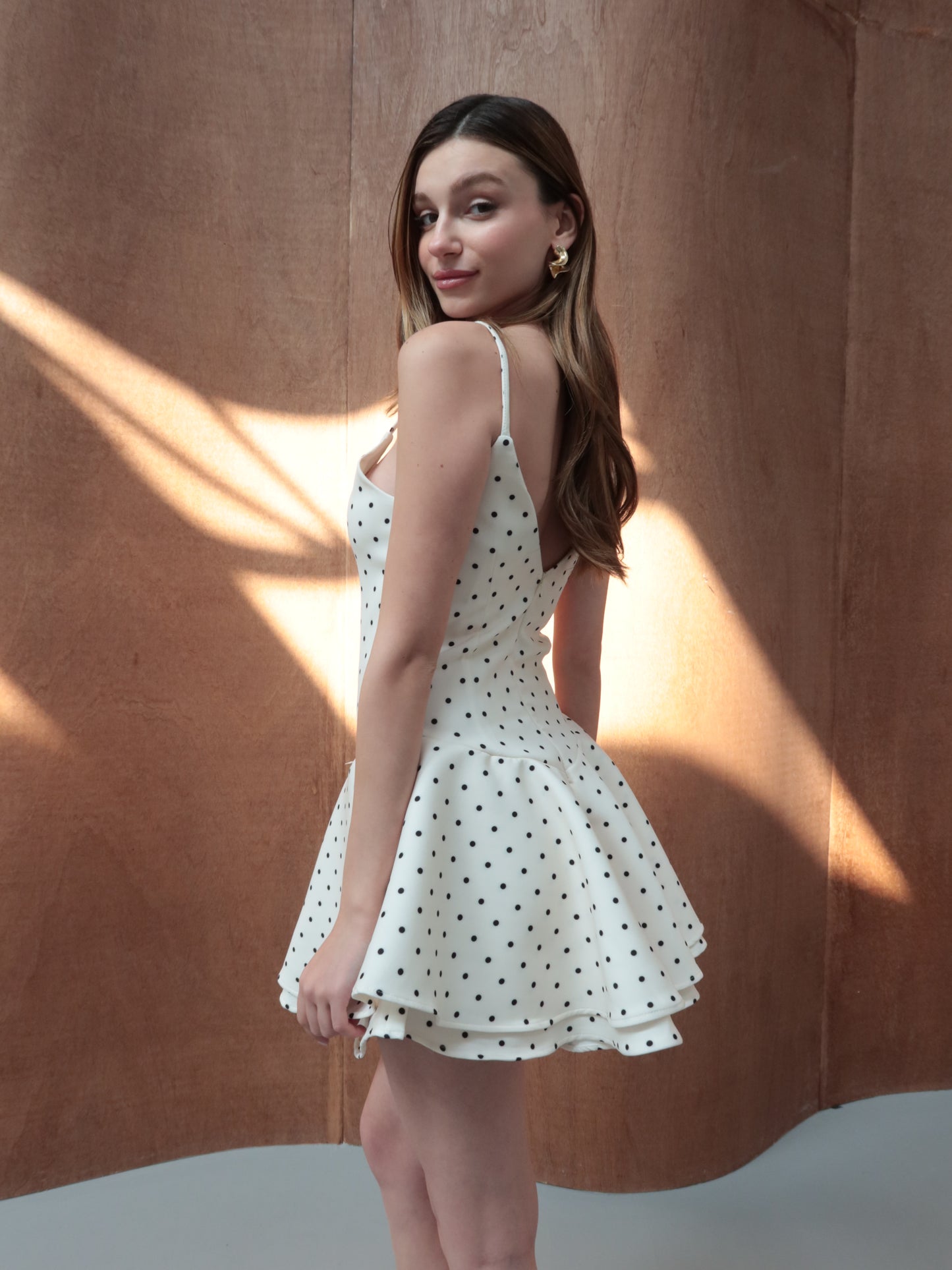 Krem puantiye desenli şortlu elbise