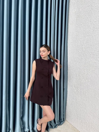 Mürdüm düğme detay elbise