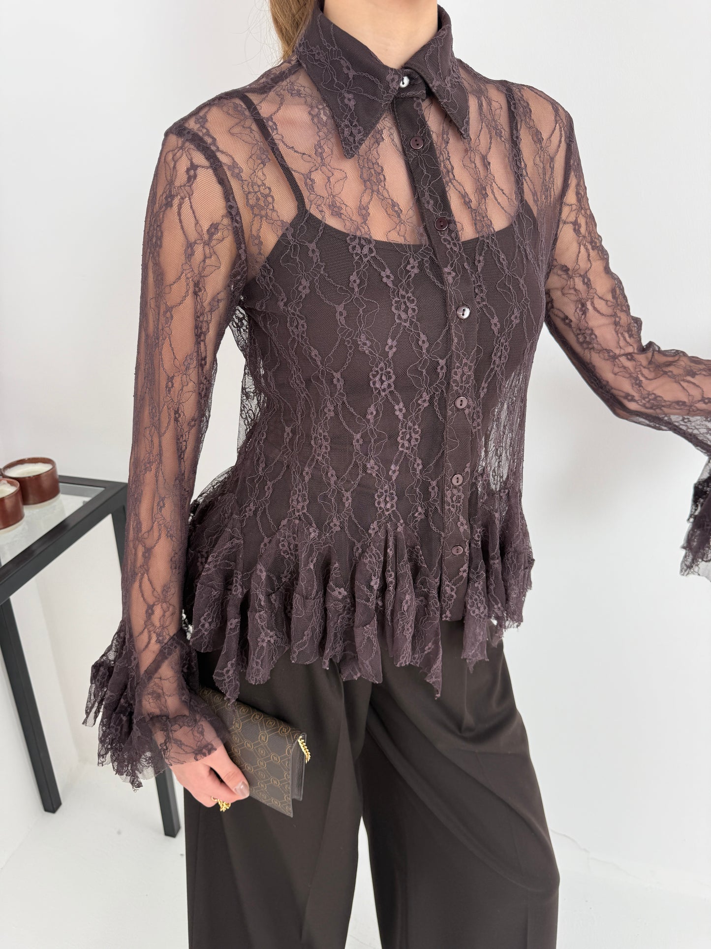 Kahverengi dantel bluz gömlek yaka