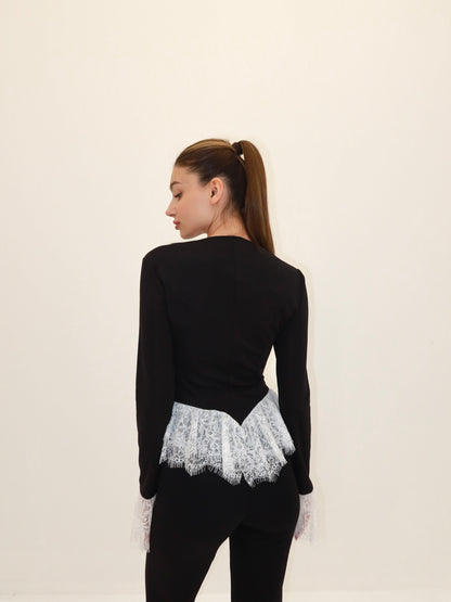 Dantel ispanyol kol fermuarlı bluz