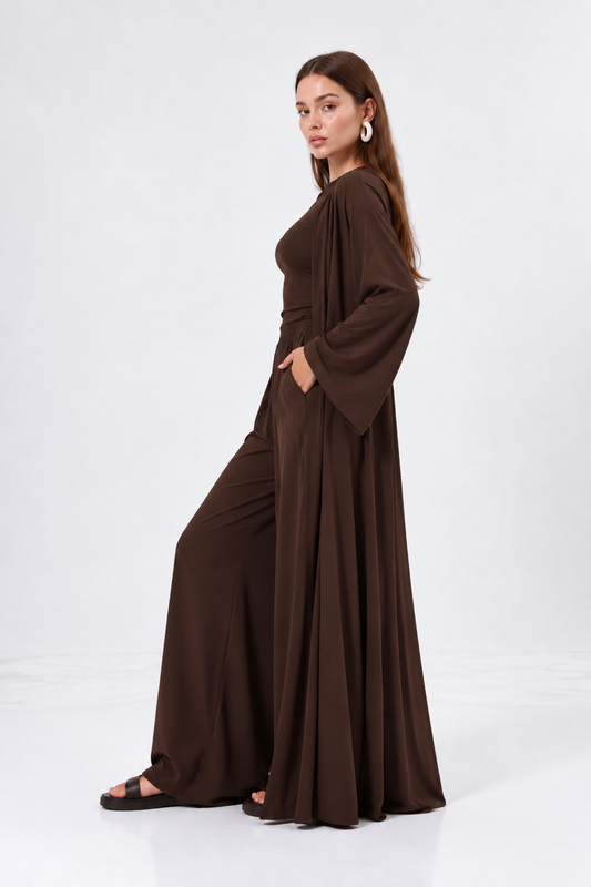 Kahverengi 3 parça kimono takım