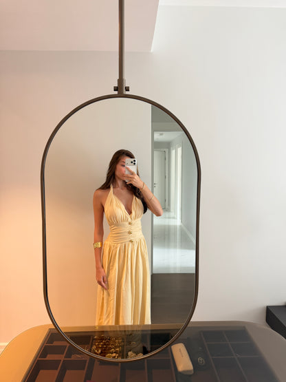 Sarı gold düğmeli gipeli elbise