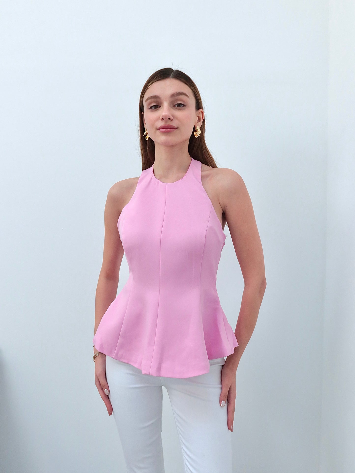 Pembe boyundan bağlamalı bluz