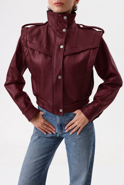 Bordo dikiş detaylı deri ceket