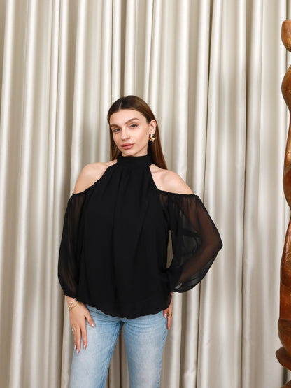 Siyah şifon omuz detay bluz