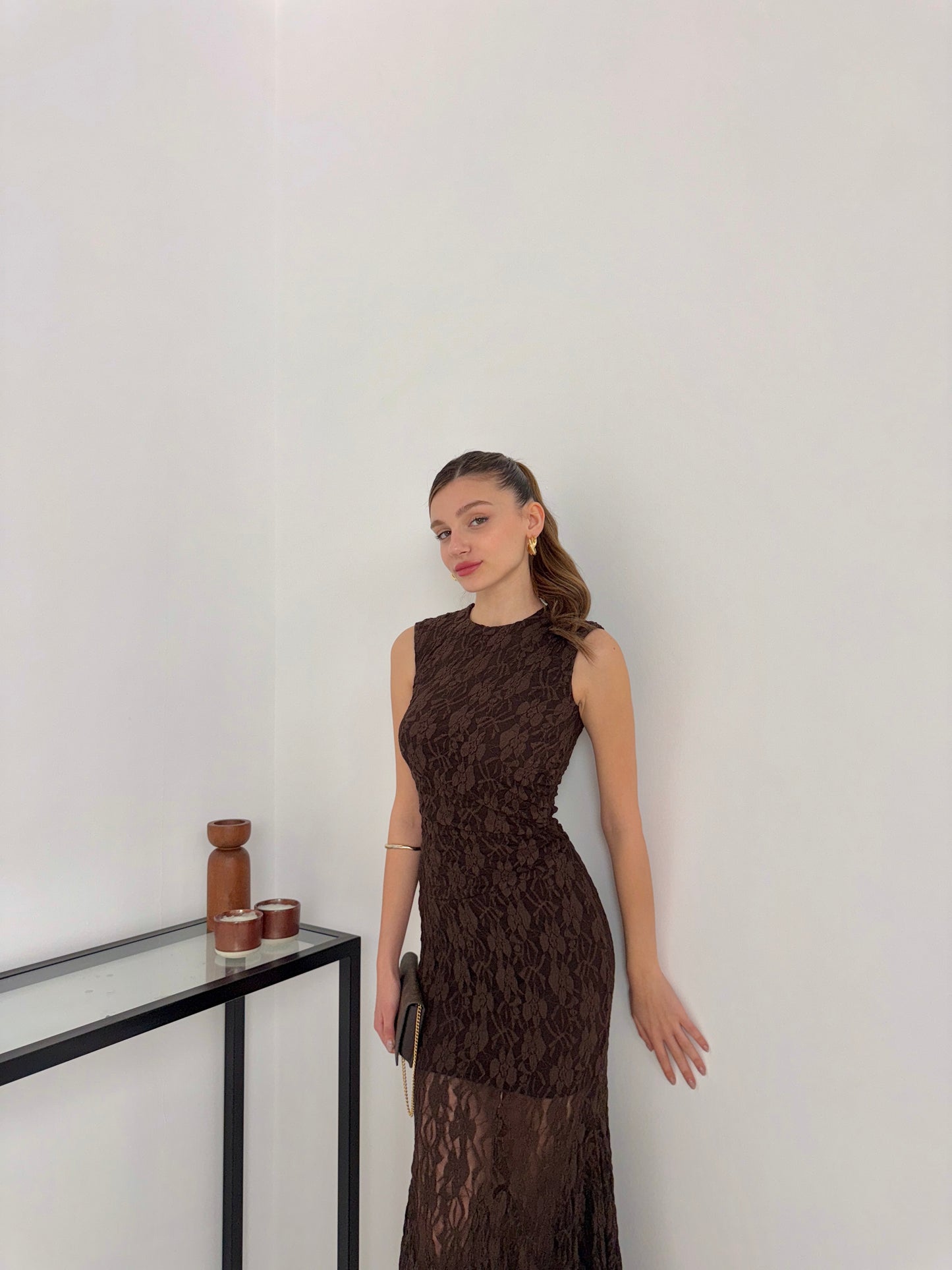 Kahverengi dantel elbise