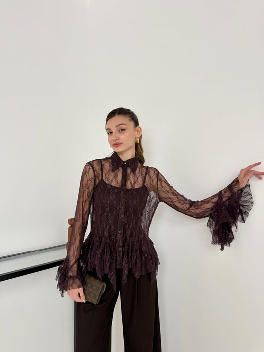 Kahverengi dantel bluz gömlek yaka