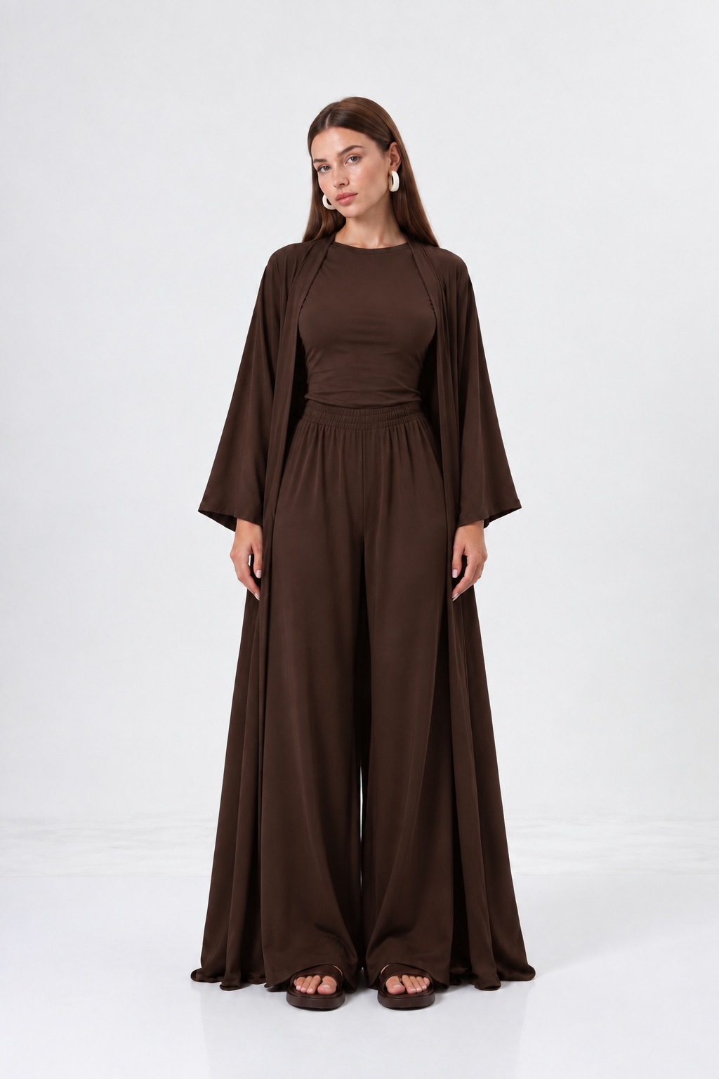 Kahverengi 3 parça kimono takım