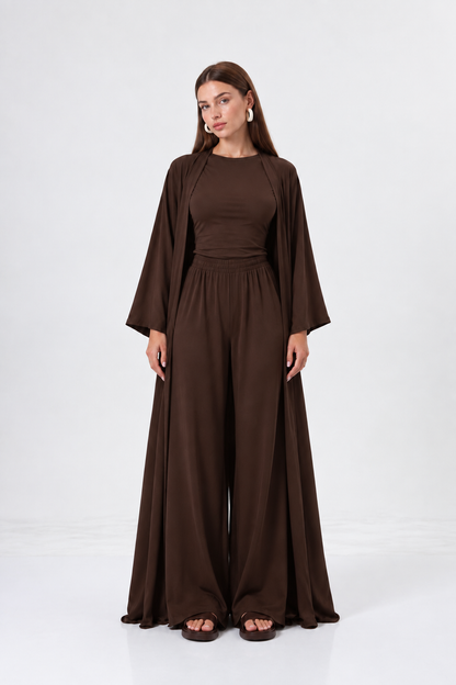Kahverengi 3 parça kimono takım