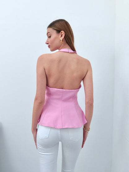 Pembe boyundan bağlamalı bluz