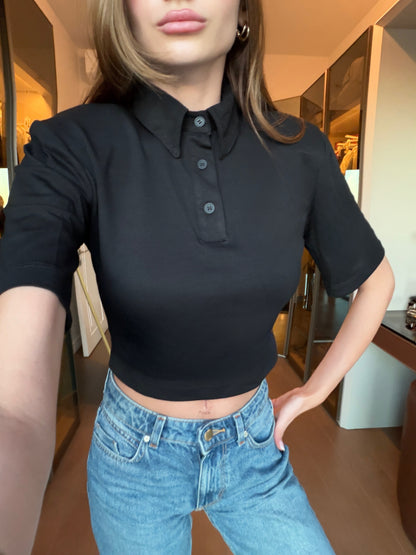 Vatkalı siyah polo yaka t-shirt