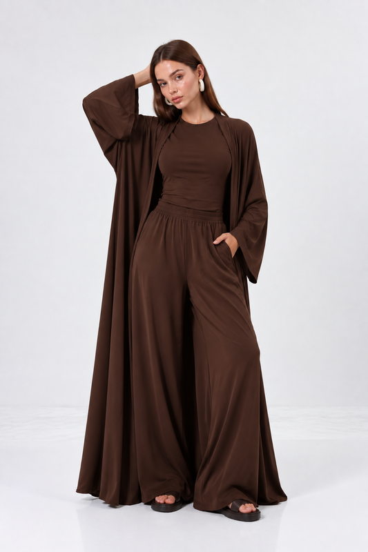Kahverengi 3 parça kimono takım