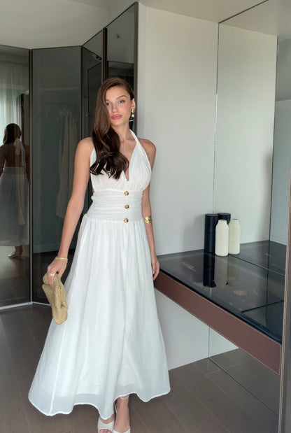 Beyaz gold düğmeli gipeli elbise