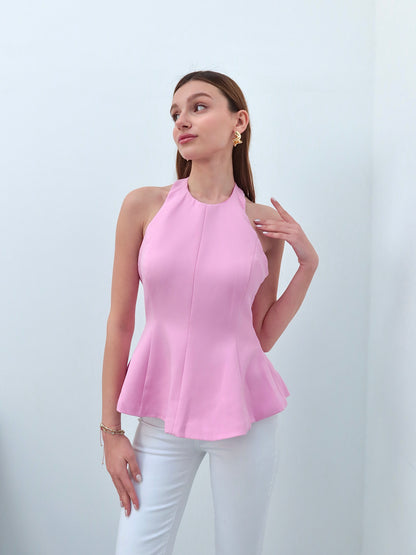 Pembe boyundan bağlamalı bluz